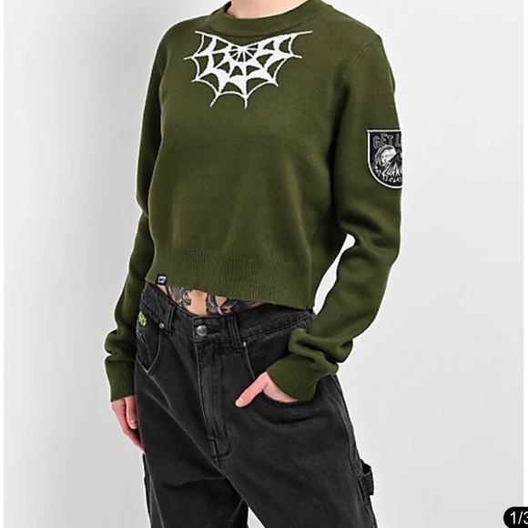 Zumie Lurking Class by Sketchy Tank Spider Web Green Crop Sweater Sz. Small S - Picture 1 of 12
